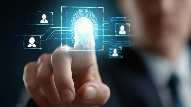 Biometric Security Scan: A person's finger is pressed against a digital scanner, activating a fingerprint identification system with glowing circuit lines and user icons.