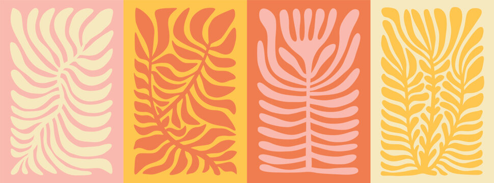 Floral minimal 60s 70s retro naive minimal poster set. Palm jungle illustration. Summer sale banner, invitation, print. Simple yellow, pink, orange shape background, wave illustration. Stripes, wavy.