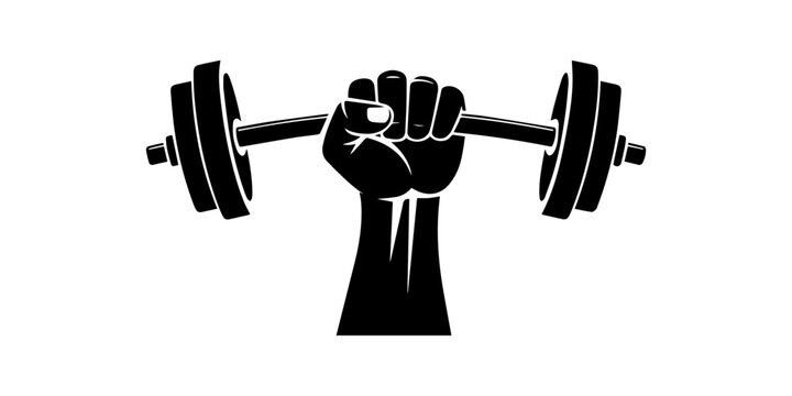 Weight Lifting Fist Hand Holding Barbell Concept   silhouette vector white background , A weight lifting or weightlifting fist hand holding a heavy barbell or dumbbell concept.