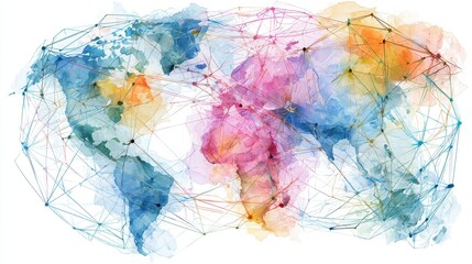 Naklejka premium Business innovation network, abstract geometric nodes forming expanding global communication web, Watercolor style.