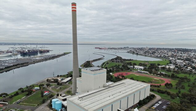 Newport power station chimney vista over williamstown and port
