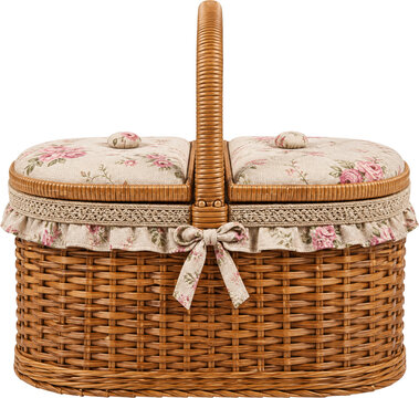 Vintage wicker sewing basket with floral lid isolated on transparent background