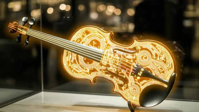 Glowing golden ornate violin displayed behind glass, classical music, musical instrument, artistic craftsmanship, elegant design.