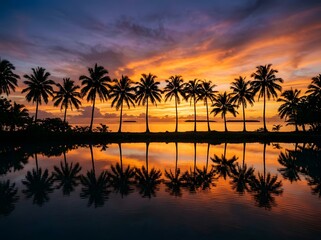 Fototapeta premium Tropical sunset with palm trees and water reflection