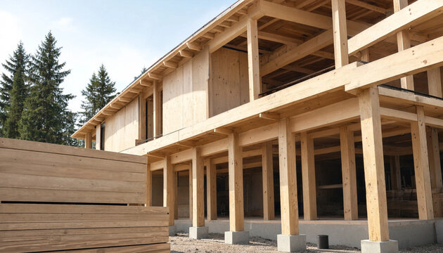 An unfinished wooden building structure with exposed beams and timber framing, featuring stacks of wooden planks in the foreground and pine trees