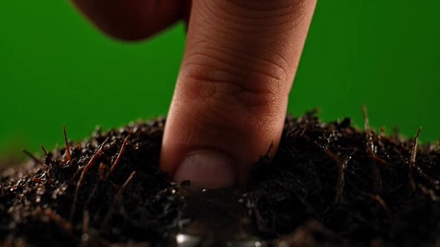 Finger pressing into dark soil against green screen background.