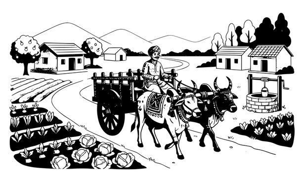 Indian village farmer with bullock cart vector design