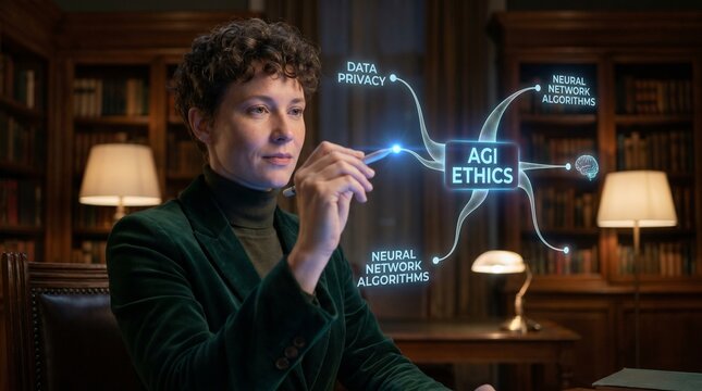 A professional woman interacting with a holographic interface displaying agi ethics and neural network concepts in a library