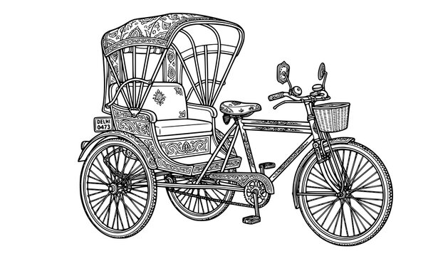 Traditional Indian cycle rickshaw outline vector illustration