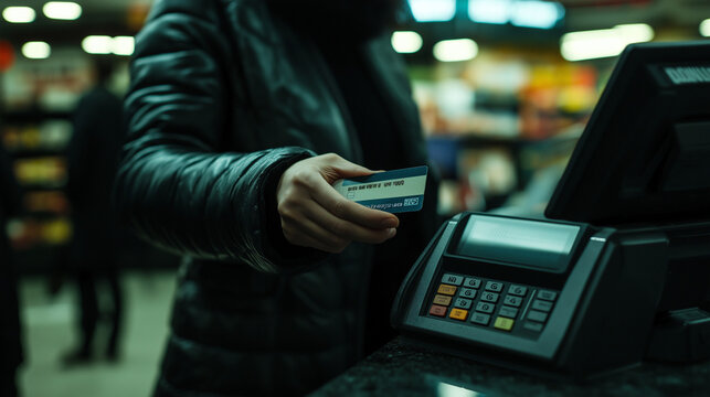 Person making payment with card at checkout counter in store  
