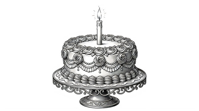 Elegant birthday cake with decorative icing and a single lit candle on a stand transparent background
