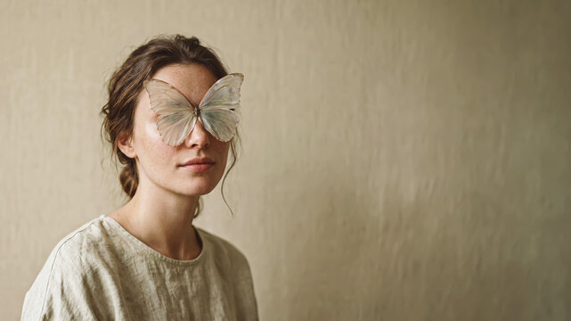Caucasian woman with butterfly on eyes, front view, side composition, neutral background