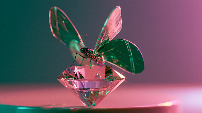 A radiant crystal winged butterfly perches delicately on a faceted pink diamond. Ethereal emerald and violet gradients form a dreamcore fantasy background around the scene.