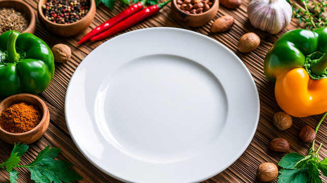 Empty white plate on rustic wood table surrounded by colorful bell peppers, hot chili peppers, various spices, fresh herbs, and nuts.