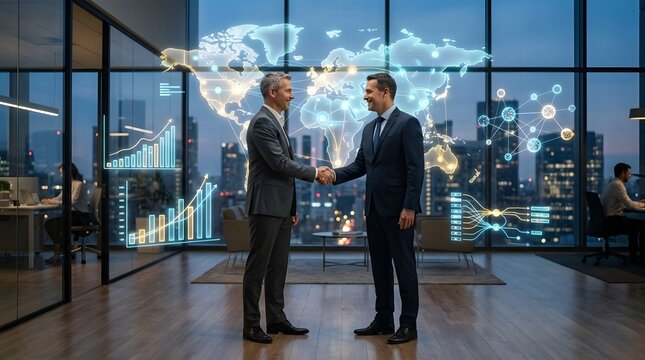 A scene depicting two professional executives concluding a corporate partnership agreement through a formal handshake in a modern office setting emphasizing collabo n and shared success