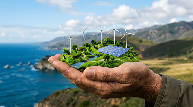This conceptual image features a close up view of a human hand interacting with the environment emphasizing themes of care responsibility