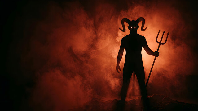 Scary devil silhouette holding pitchfork trident in hell with smoke mist fog, Halloween theme