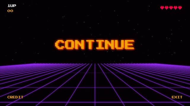 Retro Gaming Continue Prompt Animation Featuring Synthwave Purple Grid Horizon and Pixelated Arcade User Interface Elements for Streamers 4k video