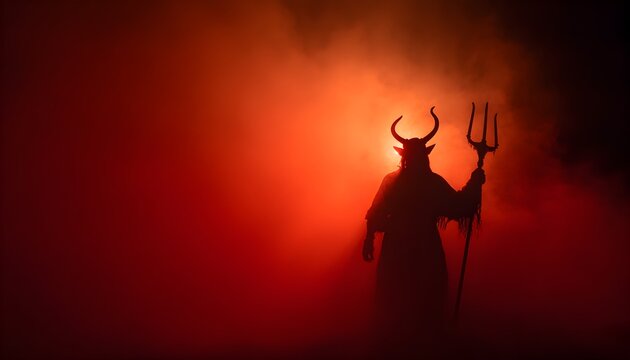 Scary devil silhouette holding pitchfork trident in hell with smoke mist fog, Halloween theme