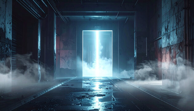 Glowing doorway in industrial environment
