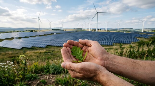 A close up view of hands carefully cradling a lush green leaf illustrating the theme of protecting nature and harnessing clean solar and wind energy for a sustainable future