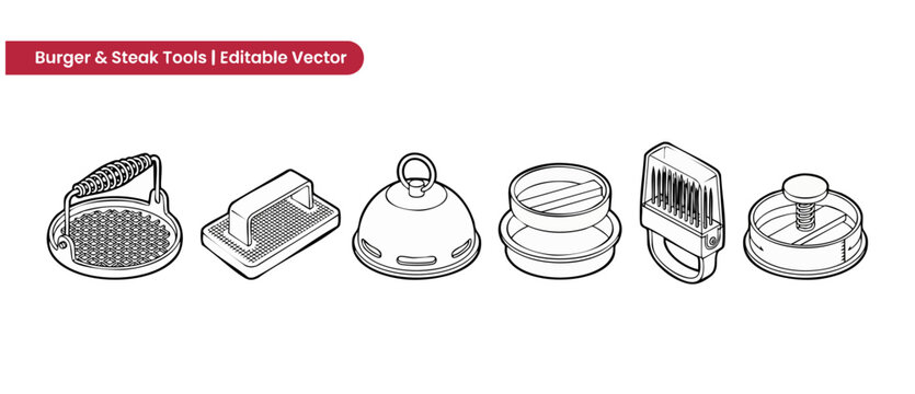 Burger steak tools vector icons set for cooking prep. Isometric line art outline of meat grill press, melting dome cloche, bacon weight, burger patty maker, and steel needle meat tenderizer tools.