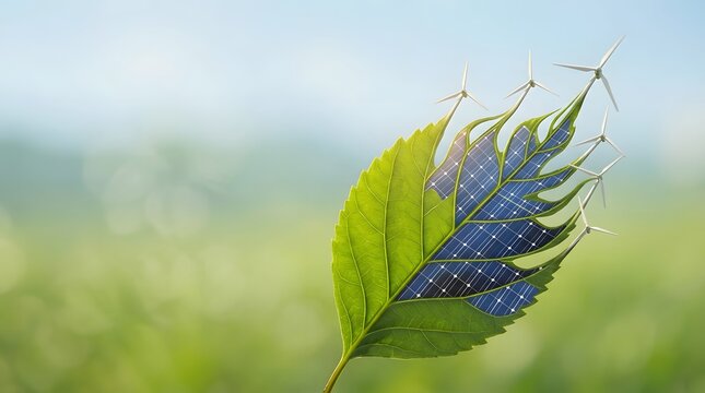 This visual depicts the dynamic transformation of a natural leaf into pure glowing energy symbolizing the concept of renewable power and environmental sustainability