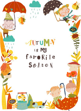Cartoon Autumn Floral Frame With Happy Kids meeting Autumn. Vector Illustration