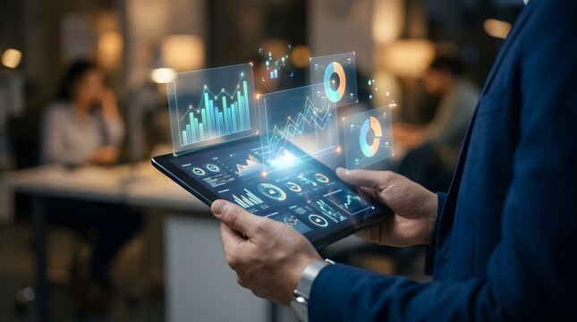 An adult is engaged in digital analysis holding a tablet screen that displays complex data and charts