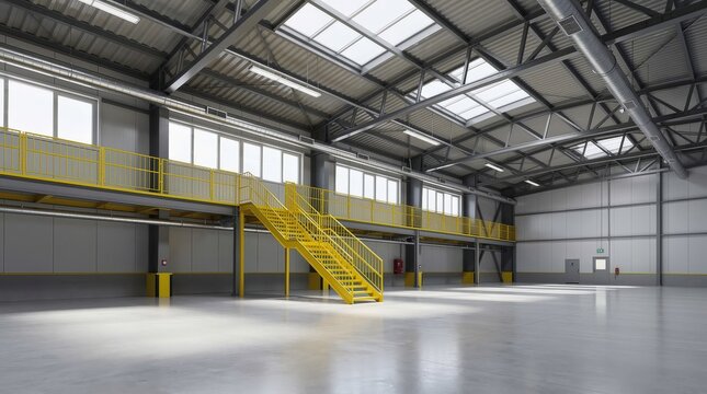 Spacious empty industrial warehouse with high ceilings, metal beams, skylights, and yellow metal staircases and railings.