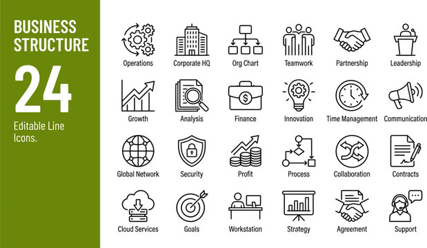 Business structure icons feature twenty-four editable line graphics representing organizational management and operations.
