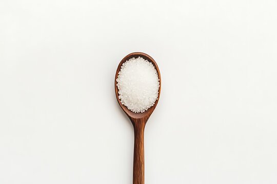 A wooden spoon filled with white sugar isolated on white background