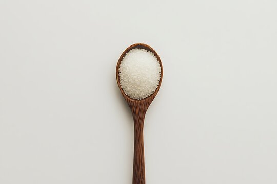 A wooden spoon filled with white granulated sugar isolated on white background