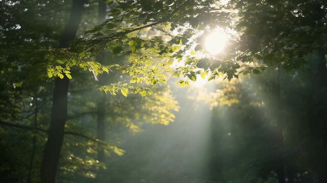 Sunlight filtering through tree leaves creating soft flickering light patterns, static camera