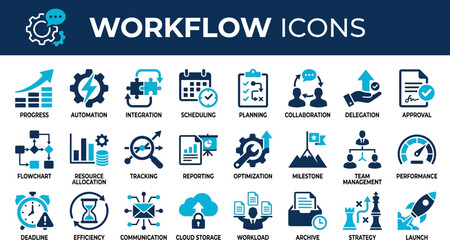 Fototapeta premium Workflow icons display a structured sequence of operations and management tasks for efficient business process optimization.