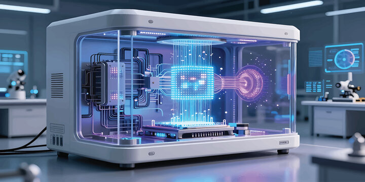 Computer network server hub with fiber optic cables connecting digital devices, technology communication infrastructure, business internet data center illustration