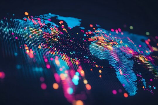 Digital world map visualization with glowing data points and network connections
