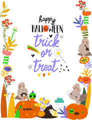 Naklejka premium Vector Cartoon Halloween Floral Frame With Funny Bats sitting on Pumpkins
