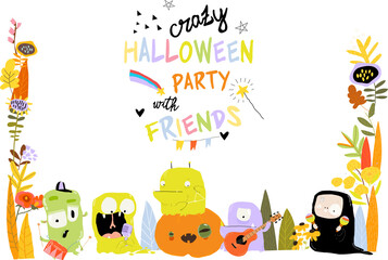 Fototapeta premium Vector Cartoon Halloween Floral Frame With Funny Monsters Band playing Crazy Music