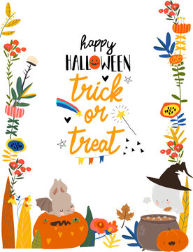 Vector Cartoon Halloween Floral Frame With Funny Bats sitting on Pumpkins
