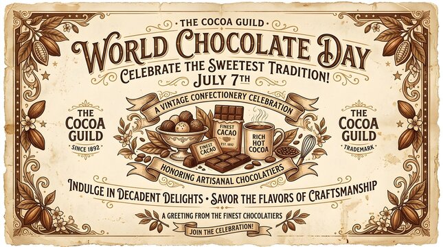 Vintage world chocolate day poster cocoa guild tradition july 7th design