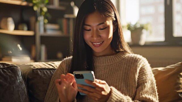 Woman using smartphone while sitting on a couch at home, smiling.