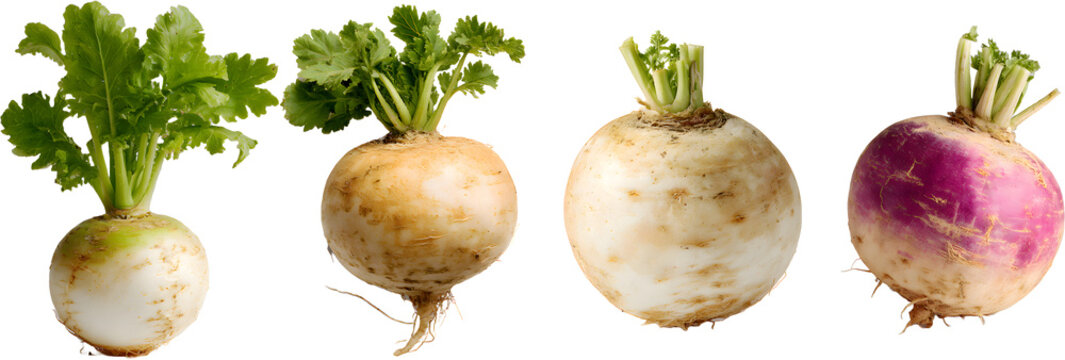 Four Fresh White Turnips with Green Tops Isolated on White Background


