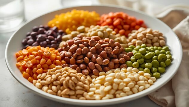 白い皿に盛られたカラフルな豆類と健康食のイメージ
