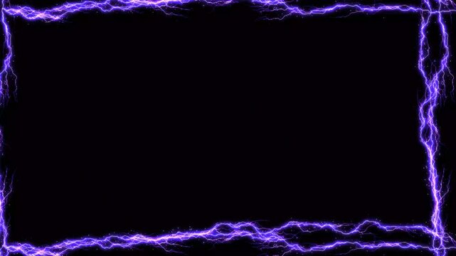 Energy dynamic glowing purple lightning border frame animation on black background electricity energy spark, Electric Lightning Energy Frame with Glowing Plasma Spark Border and Power Surge Effects.
