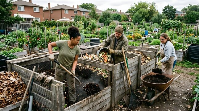A group of volunteers is engaged in collaborative work managing compost and waste materials demonstrating comm effort toward environmental sustainability and organic farming practices outdoors