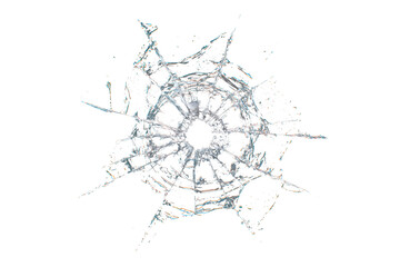 Circular shattered glass impact isolated on transparent background. Broken glass hole effect with radial cracks and fragmented pieces, useful as overlay or damage texture. © The Stock King