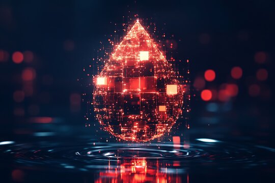 Digital red liquid drop concept with abstract geometric data particles