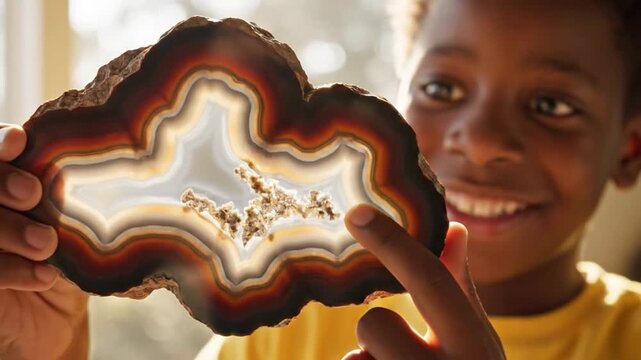 Young boy curiously examines a banded agate slice with intricate patterns