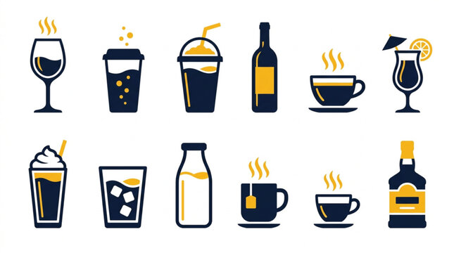Flat beverage icon set navy and amber drink glass vectors for restaurant menu website